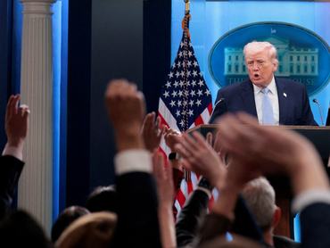 FILE PHOTO: U.S. President Donald Trump takes questions as he speaks during a press conference in the James S. Brady Press Briefing Room at the White House in Washington, D.C., U.S., April 6, 2026. REUTERS/Evan Vucci/File Photo