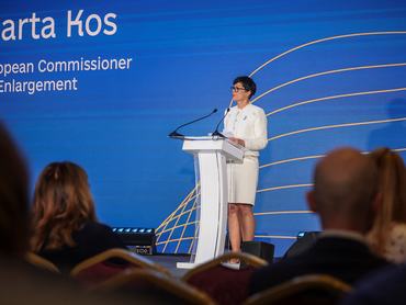 European Enlargement Commissioner Marta Kos speaks at a forum supporting Ukraine's EU accession reforms, amid Russia's attack on Ukraine, in Kyiv, Ukraine, June 8, 2026. REUTERS/Alina Smutko