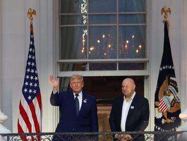 Jun 14, 2026; Washington, D.C., UNITED STATES; U.S. President Donald Trump and UFC President and CEO Dana White walk out onto the Blue Room Balcony during UFC Freedom 250 at White House South Lawn. Mandatory Credit: Amber Searls-Imagn Images