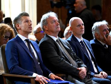 Magyar Péter leendő miniszterelnök, Freund Tamás, a Magyar Tudományos Akadémia elnöke és Tanács Zoltán leendő tudományos-technológiai miniszter az MTA ünnepi, 200. tisztújító közgyűlésén 2026. május 4-én.