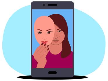 Clip art of a woman holding a mask on a social media profile, dissemblance, beauty filter app