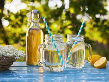 Two glasses of elderflower lemonade with bottle of syrup and elderberry flowers