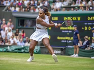 LONDON, ENGLAND - July 09: Serena Williams of the United States in action during her match against Alison Riske of the United States in the Ladies Singes Quarter Finals match on Centre Court during the Wimbledon Lawn Tennis Championships at the All England Lawn Tennis and Croquet Club at Wimbledon on July 09, 2019 in London, England. (Photo by Tim Clayton/Corbis via Getty Images)