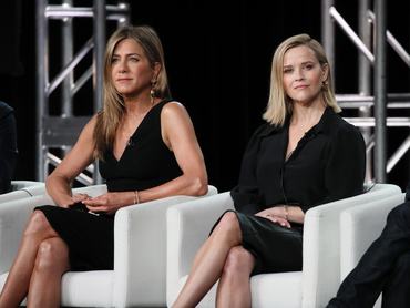 PASADENA, CALIFORNIA - JANUARY 19: Jennifer Aniston and Reese Witherspoon of "The Morning Show" speaks onstage during the Apple TV+ segment of the 2020 Winter TCA Tour at The Langham Huntington, Pasadena on January 19, 2020 in Pasadena, California. (Photo by David Livingston/Getty Images)