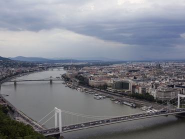 BUDAPEST, PEST, HUNGARY - 2020/07/26: The Elisabeth's Bridge (Erzsebet Hid), the Chain Bridge (Lanc Hid) and the Margaret's Bridge (Margit Hid) are seen on the Danube connecting Buda with Pest. (Photo by Attila Husejnow/SOPA Images/LightRocket via Getty Images)