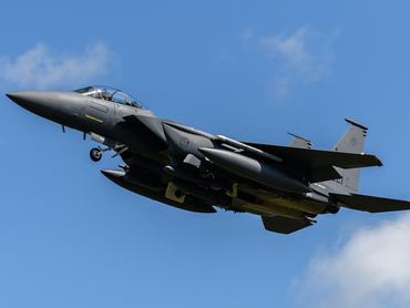 RAF Lakenheath, Suffolk, England - July 17, 2020: United States Air Force F-15E Strike Eagle fighter jet on final approach to its base in England