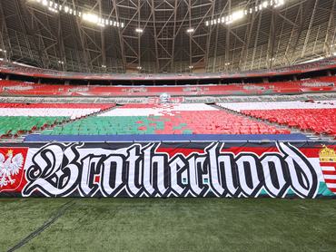 BUDAPEST, HUNGARY - MARCH 25: A Hungary fan flag is seen inside the stadium prior to the FIFA World Cup 2022 Qatar qualifying match between Hungary and Poland on March 25, 2021 in Budapest, Hungary. Sporting stadiums around Hungary remain under strict restrictions due to the Coronavirus Pandemic as Government social distancing laws prohibit fans inside venues resulting in games being played behind closed doors. (Photo by Laszlo Szirtesi - UEFA/UEFA via Getty Images)
