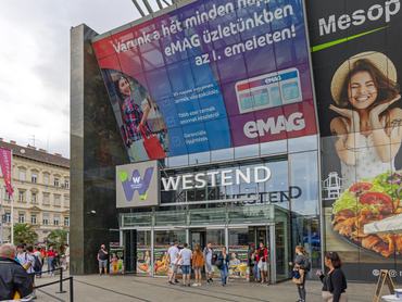 Budapest, Hungary - July 31, 2022: Entrance to Westend Shopping Mall at Train Station in City Centre Summer Day.