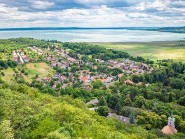 Aerial view from the castle at Szigliget over the village of Szigliget and the shore of Lake Balaton in Hungary.