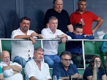BUDAPEST, HUNGARY - JULY 19: Pal Orosz, CEO of Ferencvarosi TC (l1) and Gabor Kubatov, President of Ferencvarosi TC (l2) look dejected during the UEFA Champions League First Qualifying Round 2nd leg match between Ferencvarosi TC and KI Klaksvik at Groupama Arena on July 19, 2023 in Budapest, Hungary. (Photo by Laszlo Szirtesi/Getty Images)