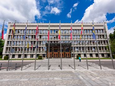 Ljubljana, Slovenia - June 27, 2023: National assembly of Slovenia and Republic Square in Ljubljana.
