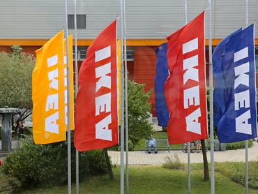 Budapest, Hungary - July 13, 2015: Colorful Flags of Swedish Ikea Furniture Home Shop in Capital City.