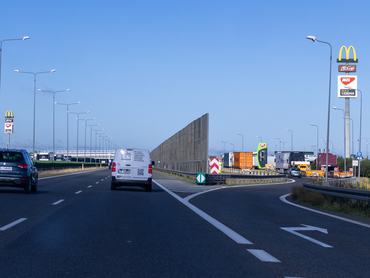 Exit to the MOL petrol station and Mc Donald's on the A2 motorway . This is the Polish motorway known as Autostrada Wolnosci which is part of the international E30 road. It continues the German A12 motorway from Berlin to Poland. Poland, 05 July 2024. (Photo by Andrzej Iwanczuk/NurPhoto via Getty Images)