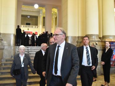 Imre Juhasz, Chief of the Hungarian Constitutional Court, leaves a memorial held a day before the anniversary of the 1956 Hungarian Revolution, in Budapest, Hungary, on October 22, 2024. (Photo by Balint Szentgallay/NurPhoto via Getty Images)