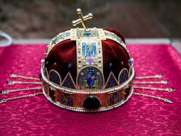 The Holy Crown of Hungary on red velvet