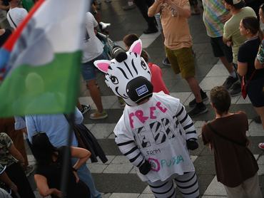 A man dresses as a zebra during a protest in Budapest, Hungary, on September 21, 2025 on Heroes Square, demanding cleaner politics and a nationwide ban on political advertising. About ten to twenty thousand people attend the demonstration. (Photo by Balint Szentgallay/NurPhoto via Getty Images)