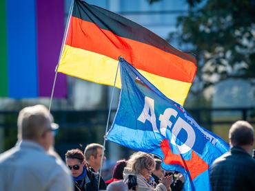 03 October 2025, Thuringia, Erfurt: Participants with German flag and AfD flag. The Alternative for Germany (AfD) Thuringia is organizing a family festival on Erfurt's Theaterplatz on the Day of German Unity together with the ESN European Party. Photo: Jacob Schröter/dpa (Photo by Jacob Schröter/picture alliance via Getty Images)