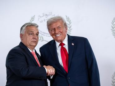 14 October 2025, Egypt, Scharm El Scheich: US President Donald Trump (r) takes part in the Gaza summit chaired by Egypt's President Al-Sisi alongside Vitctor Orban, Prime Minister of Hungary. Photo: Michael Kappeler/dpa (Photo by Michael Kappeler/picture alliance via Getty Images)