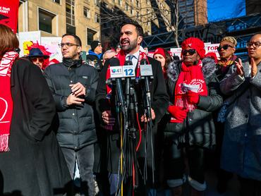 NEW YORK, NEW YORK - JANUARY 12: Mayor Zohran Mamdani speaks during a press conference as nurses from New York-Presbyterian/Columbia University Irving Medical Center strike outside the hospital on January 12, 2026 in New York City. Nearly 15,000 nurses from New York-Presbyterian/Columbia, Montefiore Medical Center and the main campus of Mount Sinai Hospital, NYC's biggest hospitals, have gone on strike. The union representing the nurses says they are demanding higher wages, more security at hospitals to reduce violent episodes and shootings, and a commitment to ensuring minimum staffing ratios. (Photo by Michael M. Santiago/Getty Images)
