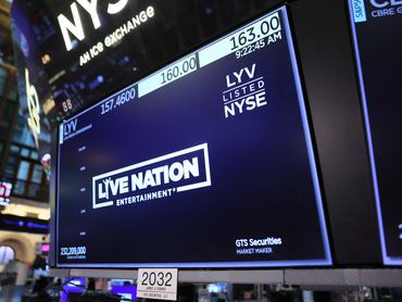 NEW YORK, NEW YORK - FEBRUARY 20: The Livenation company logo is displayed on the floor of the New York Stock Exchange during morning trading on February 20, 2026 in New York City. Stocks opened up mixed with the Dow Jones nearly 200 points at opening amid a weak gross domestic product for the fourth quarter and a possible Supreme Court decision on President Donald Trump’s tariffs. (Photo by Michael M. Santiago/Getty Images)