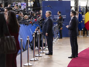 Prime Minister of Hungary, Viktor Orban talks to the journalists and the press during a doorstep briefing in Europa Building ahead of the European Council summit, the EU leaders meeting with the main topics in the agenda the military escalation in the Middle East and Gulf Region, situation in Iran, energy prices and security, EU's strategic competitiveness, Ukraine, multinational financial framework, security, defence, migration and other topics. Brussels, Belgium on March 19, 2026 (Photo by Nicolas Economou/NurPhoto via Getty Images)