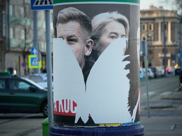 A poster with images of opposition leader Peter Magyar and European Commission President Ursula von der Leyen is seen in Budapest, Hungary on 19 March, 2026. Hungarians are gearing up to go to the polls on April 12th in what could be Hungarians are gearing up to go to the polls on April 12th in a potential Hungarians are gearing up to go to the polls on April 12th in a potentially transformative election that could unseat PM Viktor Orban, in power for the last sixteen years. (Photo by Jaap Arriens/NurPhoto via Getty Images)