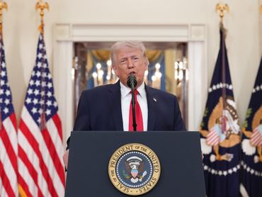 WASHINGTON, DC - APRIL 1: U.S. President Donald Trump speaks from the Cross Hall of the White House on April 1, 2026 in Washington, DC. Trump used the prime-time address to update the nation on the war in Iran.  (Photo by Alex Brandon-Pool/Getty Images)
