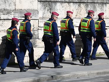 Police officers walk ahead of the American Vice President JD Vance and Hungarian Prime Minister Viktor Orban joint press conference in Budapest, Hungary on April 7, 2026. (Photo by Jakub Porzycki/NurPhoto via Getty Images)