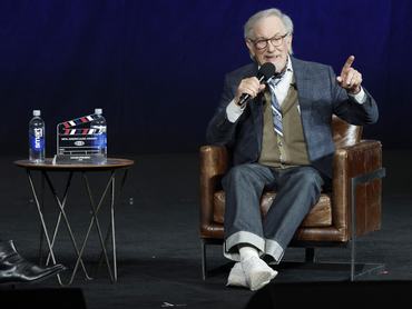 LAS VEGAS, NEVADA - APRIL 15: Steven Spielberg promotes the upcoming film "Disclosure Day" at the Universal Pictures and Focus Features presentation at The Dolby Colosseum at Caesars Palace during CinemaCon, the official convention of Cinema United, on April 15, 2026 in Las Vegas, Nevada. (Photo by Gabe Ginsberg/WireImage)