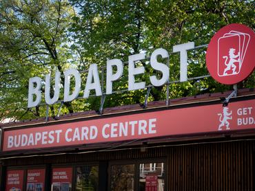 A Budapest Card Center kiosk with a large Budapest sign is seen near Deak Ferenc ter in central Budapest, Hungary, on April 11, 2026. (Photo by Mateusz Wlodarczyk/NurPhoto via Getty Images)