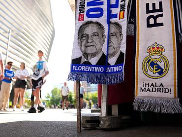 MADRID, SPAIN - MAY 14: Real Madrid scarves depicting Real Madrid President Florentino Perez is seen outside the stadium prior to the LaLiga EA Sports match between Real Madrid CF and Real Oviedo at Estadio Santiago Bernabeu on May 14, 2026 in Madrid, Spain. (Photo by Angel Martinez/Getty Images)