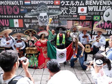 MEXICO CITY, MEXICO - JUNE 10: El Charro Gonzalez and women dressed as La Catrina pose with a mariachi band and fans at The Angel of Independence on June 10, 2026 in Mexico City, Mexico. (Photo by Kevin C. Cox/Getty Images)