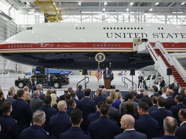 JOINT BASE ANDREWS, MARYLAND - JUNE 19: U.S. President Donald Trump delivers remarks after touring the newest aircraft in the presidential fleet at Andrews Air Force Base on June 19, 2026 at Joint Base Andrews, Maryland. The Qatari royal family gifted the lavish $400 million, 13-year-old Boeing 747-8 to the U.S. Air Force to be used as the new Air Force One. (Photo by Alex Wong/Getty Images)