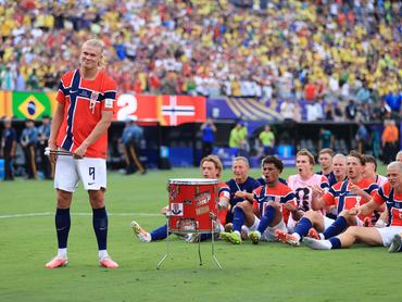 EAST RUTHERFORD, NEW JERSEY - JULY 5: Erling Haaland of Norway stands by the drum before he begins the Viking Row celebration after the FIFA World Cup 2026 Round Of 16 match between Brazil and Norway at New York New Jersey Stadium on July 5, 2026 in East Rutherford, New Jersey. (Photo by Simon Stacpoole/Offside/Offside via Getty Images)