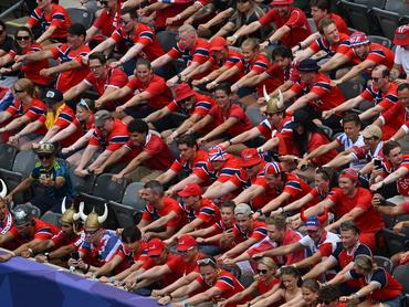 EAST RUTHERFORD, NEW JERSEY - JULY 05: Norway fans do the Viking Row prior to the FIFA World Cup 2026 Round Of 16 match between Brazil and Norway at New York New Jersey Stadium on July 05, 2026 in East Rutherford, New Jersey. (Photo by Howard Smith/ISI Photos/ISI Photos via Getty Images)