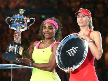 MELBOURNE, AUSTRALIA - JANUARY 31: Serena Williams of the United States holds the Daphne Akhurst Memorial Cup and Maria Sharapova of Russia holds the runner up plate after their women's final match during day 13 of the 2015 Australian Open at Melbourne Park on January 31, 2015 in Melbourne, Australia. (Photo by Cameron Spencer/Getty Images)
