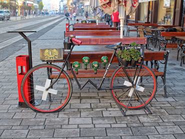 Hungary, Miskolc 13th, Nov. 2015 People enjoy sunny and warm weather in the northeastern Hungarian City of Miskolc. Miskolc is known for its heavy industry,and is second largest city in Hungary. Unicum Zwack traditional Hungarian liquor commercial. (Photo by Michal Fludra/Corbis via Getty Images)
