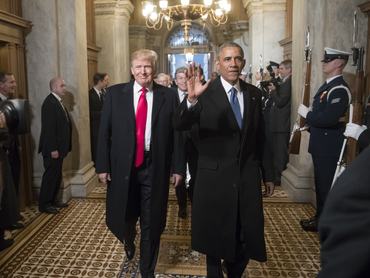 WASHINGTON, USA - JANUARY 20: (EDITORIAL USE ONLY) President-elect Donald Trump and former President Barack Obama arrive for Trumps inauguration ceremony at the Capitol in Washington, USA on January 20, 2017.   (Photo by J. Scott Applewhite / Pool / AP/Anadolu Agency/Getty Images)