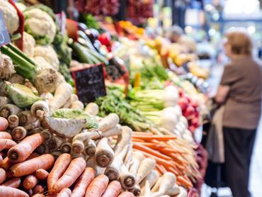 Close up on vegetables in Display of dried fruit in Budapest public market