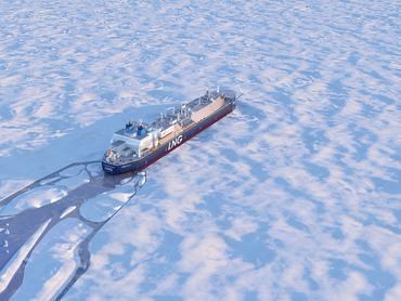LNG tanker of icebreaking type on the background of snow. 3d-rendering.
