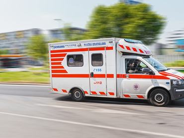 12 May 2018, Slovakia, Bratislava: Emergency ambulance riding on the street in Bratislava city