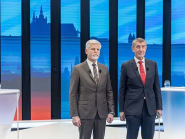 PRAGUE, CZECH REPUBLIC - 2023/01/25: Candidate for presidency and former military general Petr Pavel (L) and former Czech prime minister Andrej Babis (R) pose for a photo before the tv debate ahead of the presidential elections in Prague. The second round of presidential elections in the Czech Republic will be held on the 27th and 28th of January, 2023. Former military general Petr Pavel will face the former Czech prime minister and billionaire Andrej Babis. (Photo by Tomas Tkacik/SOPA Images/LightRocket via Getty Images)
