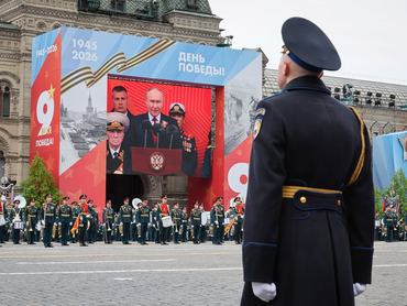 Russian President Vladimir Putin is seen on a screen while delivering a speech during a military parade on Victory Day, marking the 81st anniversary of the victory over Nazi Germany in World War Two, in Red Square in central Moscow, Russia, May 9, 2026. REUTERS/Shamil Zhumatov/Pool