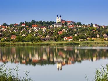 TIHANY, HUNGARY - JULY 30: (EDITORS NOTE: A polarizing filter was used for this image.) The Benedictine Abbey and the old village are seen from the Inner lake (in Hungarian: Belső tó) on July 30, 2019 in Tihany, Hungary. (Photo by Laszlo Szirtesi/Getty Images)