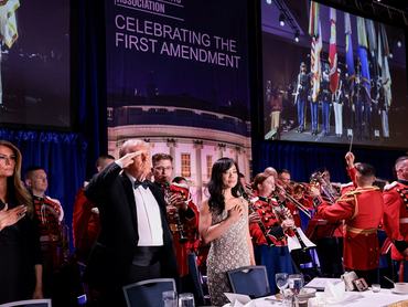 U.S. President Donald Trump, first lady Melania Trump and CBS News senior White House correspondent Weijia Jiang attend the annual White House Correspondents' Association dinner in Washington, D.C., U.S., April 25, 2026. REUTERS/Jonathan Ernst