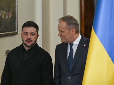 WARSAW, POLAND  DECEMBER 19:President of Ukraine Volodymyr Zelenskyy meets with Polish Prime Minister Donald Tusk in Warsaw, Mazovian Voivodeship, Poland, on December 19, 2025.The discussion, part of Zelenskyy's official visit following an EU summit in Brussels, focused on continued political and financial support for Ukraine, security cooperation and shared efforts by Warsaw and Kyiv to bolster assistance amid Russia's ongoing war against Ukraine. (Photo by Artur Widak/NurPhoto via Getty Images)